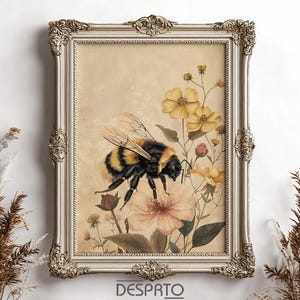 Boho bee in yellow flower print, moody bumlebee decor, botanical printable, floral bee dark academia, cottagecore wall art, vintage poster