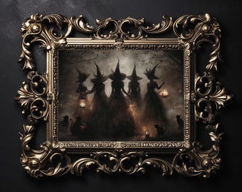 Hexen im Herbstwald - Dark Academia Halloween Vintage Witchy Wandkunst Druck