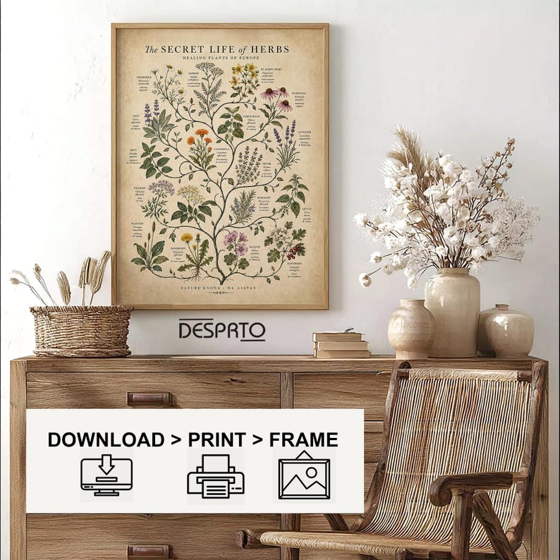May include: A framed botanical wall art print titled The Secret Life of Herbs, featuring detailed illustrations of various plants with scientific labels on a beige background. Below the print, the text reads DOWNLOAD > PRINT > FRAME.