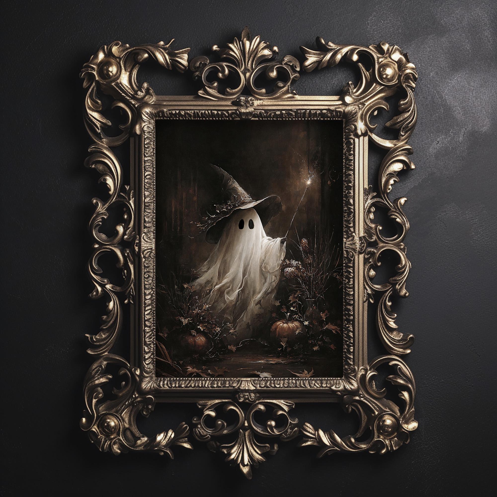 Magical Ghost With Wand Print, Whimsical Gothic Halloween Wall Art