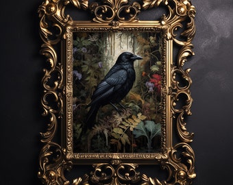Crow in forest printable, portrait of a raven wall print, dark academia decor, moody forest printable, vintage poster, gothic oil painting