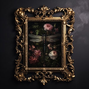 Libélula en jardín de flores oscuras, impresión de polilla de mal humor, libélula imprimible, academia oscura de libélula, arte de pared cottagecore, cartel vintage