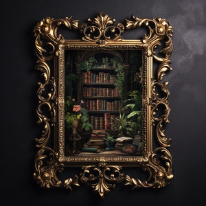 Blumenbibliothek Interieur, dunkles Academia-Dekor, Goth-Wanddekor, botanische Bücherdruck, grünes Blumenbuchhandelsplakat, ottagecore Dekor