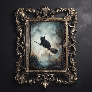 Gato preto voando na impressão da floresta de outono, academia escura de Halloween, decoração de bruxa, pôster vintage, bruxa de gato para impressão, pôster de outono de bruxa