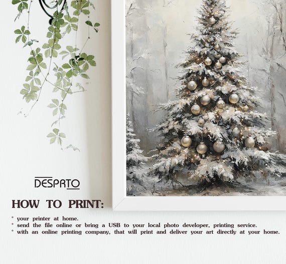 モミの木の絵画プリント、雪のクリスマスツリーのウォールアート