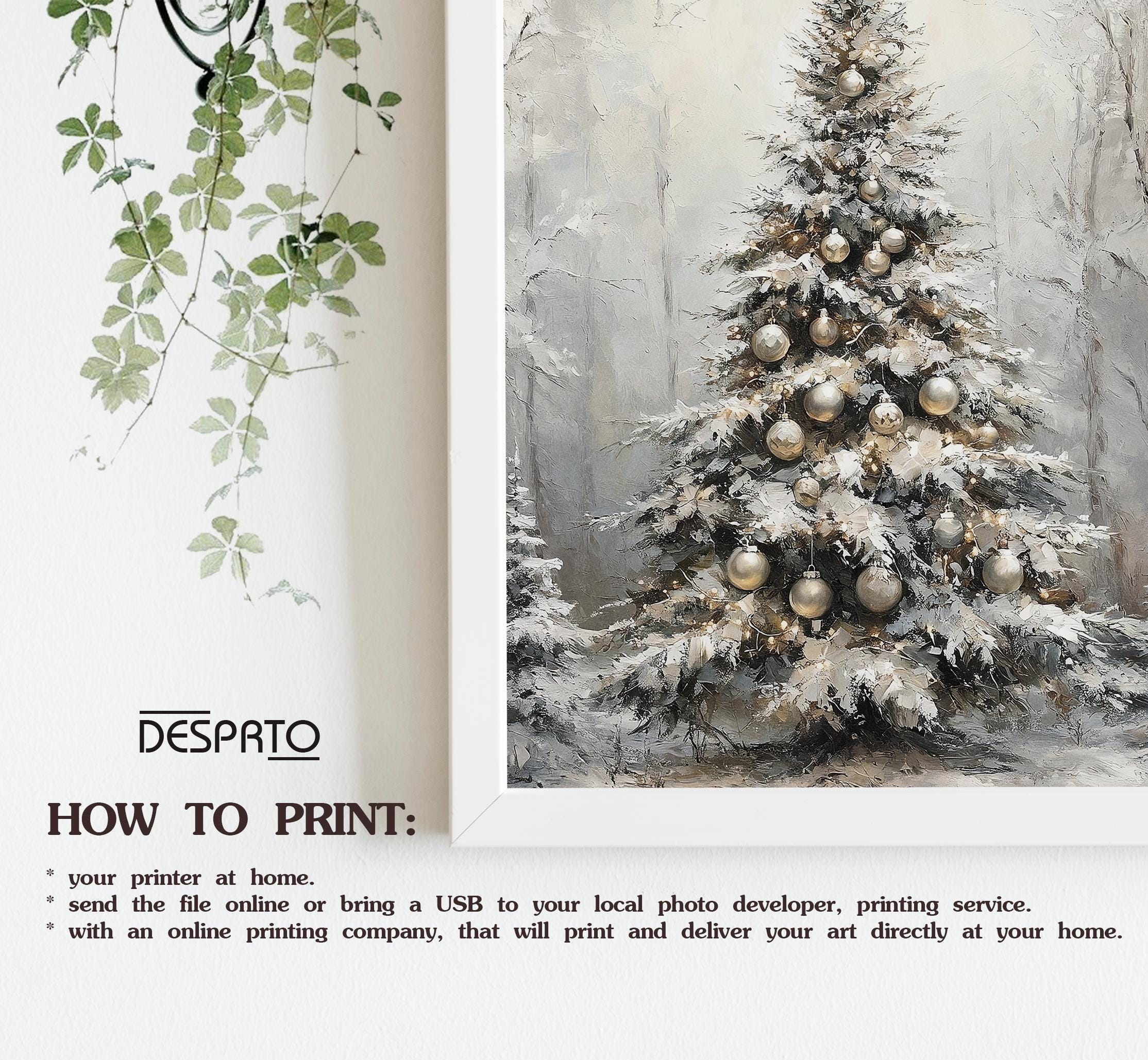 モミの木の絵画プリント、雪のクリスマスツリーのウォールアート