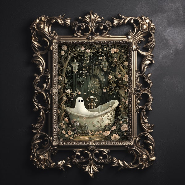 Ghost Bathtub Portrait Print, Dark Academia Halloween, Vintage Gothic (Digital Download)