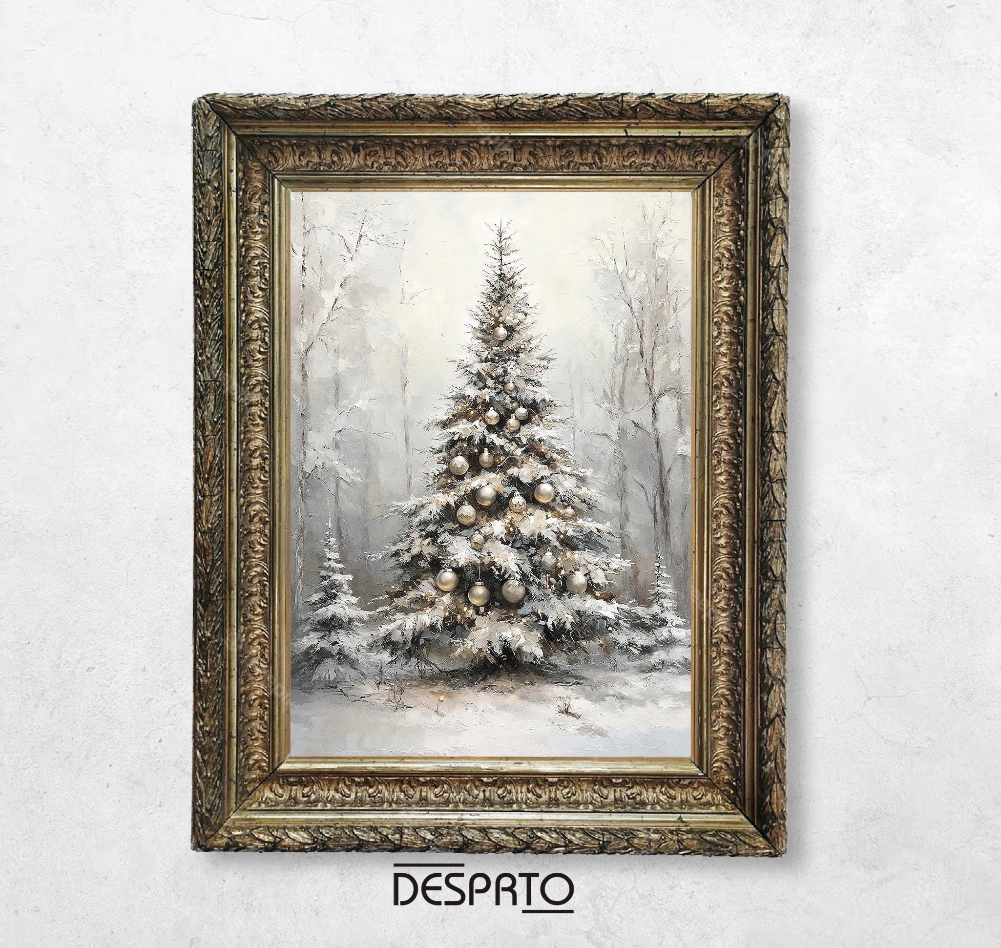 モミの木の絵画プリント、雪のクリスマスツリーのウォールアート