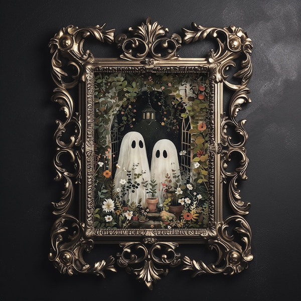 Two cute ghosts flower lovers print, plant lover ghost, romantic dark academia moody cottagecore decor vintage digital ghost gothic painting