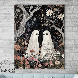 May include: Two white ghosts standing in a field of flowers. The ghosts are semi-transparent and have black eyes. The flowers are a variety of colors, including pink, purple, and yellow. The background is a dark blue night sky with stars.
