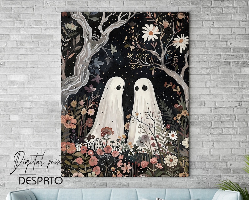 May include: Two white ghosts standing in a field of flowers. The ghosts are semi-transparent and have black eyes. The flowers are a variety of colors, including pink, purple, and yellow. The background is a dark blue night sky with stars.
