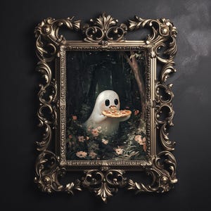 Süßer Geist will Pizza essen, Halloween Cottagecore Dekor, Geist Vintage Wand Kunst Poster, dunkle Academia zum ausdrucken