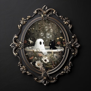 May include: A white ghost and a black cat are taking a bath in a porcelain tub surrounded by flowers and bubbles. The scene is framed in a gold ornate oval frame.