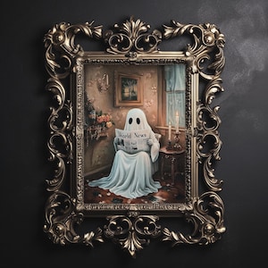 Ghost reading newspaper on toilet print, dark academia, whimsical ghost bathroom portrait halloween printable vintage poster gothic painting