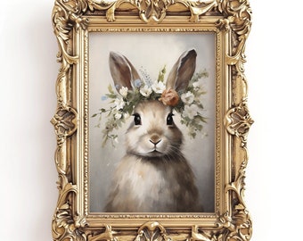 Rabbit Flower Crown Print, Vintage Cottagecore Easter Decor (Digital Download)