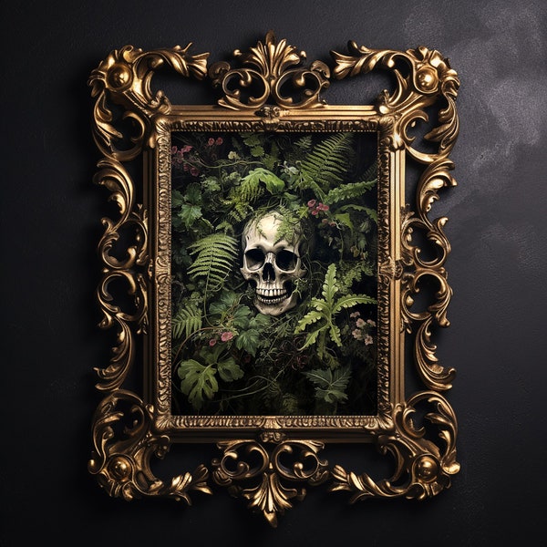 Floral green fern skull portrait print, dark academia, halloween printable, spooky decor, vintage poster, gothic oil painting, skeleton