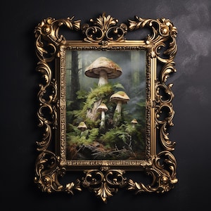 Woodland mushrooms, mushrooms in deep forest, moody moss wall print, botanical dark academia printable, сottagecore decor