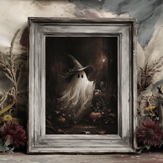 Magical Ghost With Wand Print, Whimsical Gothic Halloween Wall Art