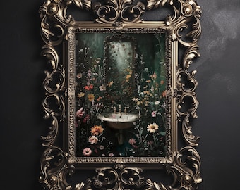 Floral bathroom print, botanical bathroom flower vintage poster, dark academia printable, dark сottagecore decor, moody wildflowers art