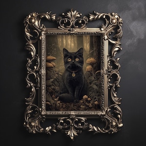 Black cat in a dark autumn forest with mushrooms print, cat vintage poster, dark academia printable, dark сottagecore decor, gothic painting
