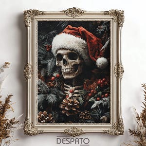 Christmas skeleton portrait print, Christmas Santa skull goth printable, winter gothic room decor, vintage holiday painting, witchy art