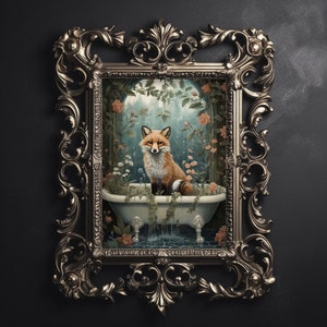 Fox in floral bathroom print, fox in tub flower decor, botanical bath bathtub vintage poster, wild animal dark academia printable, digital