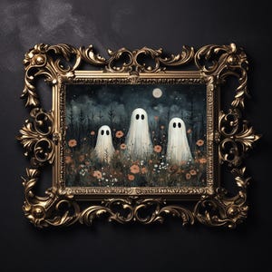 May include: A framed painting of three white ghosts standing in a field of flowers under a full moon. The ghosts have no mouths and their eyes are black dots. The flowers are a mix of pink and white.
