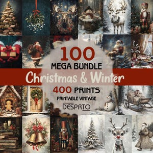 Pode incluir: Uma colagem de estampas de arte vintage com temas de Natal e inverno. As estampas apresentam cenas festivas, incluindo uma árvore de Natal, Papai Noel, renas, bonecos de neve e decorações de feriados. O texto diz "100 MEGA BUNDLE Christmas & Winter 400 PRINTS PRINTABLE VINTAGE".