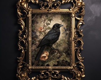 Raven in moody floral forest printable, crow portrait wall print, dark academia decor, boho raven printable, vintage poster, gothic painting