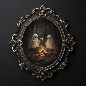 Two ghosts by campfire in woods with marshmallows print, ghost dark academia, cottagecore decor, Halloween vintage poster, gothic painting