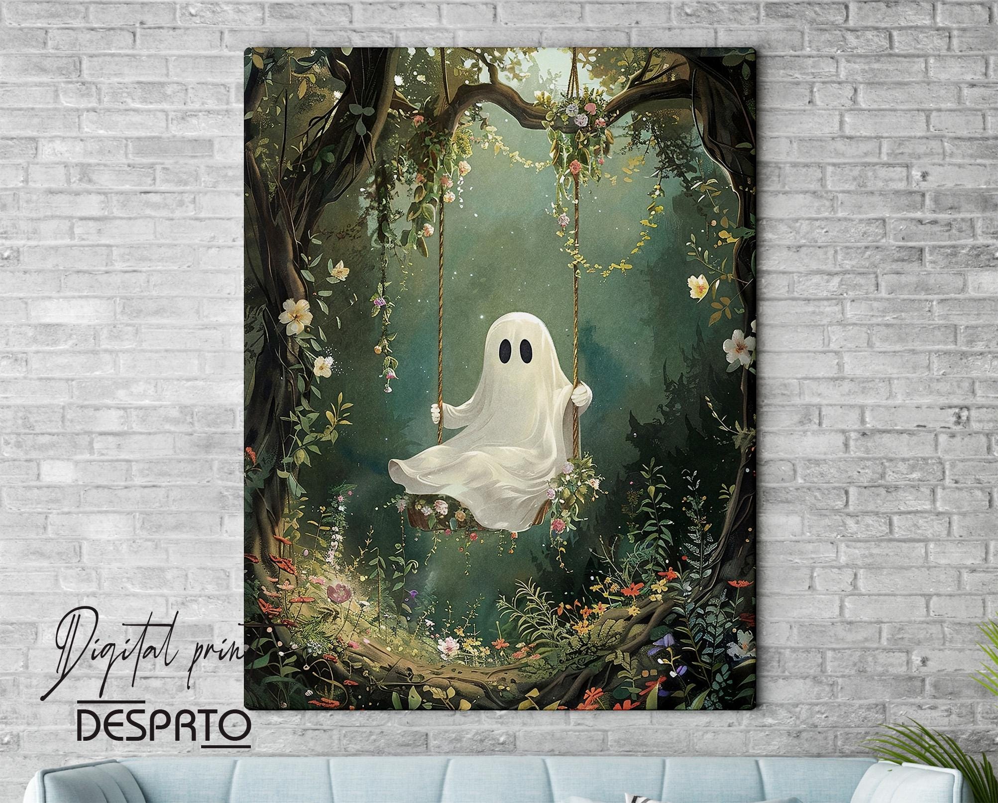 Cute Ghost on Swing in Green Flower Forest Print, Dark Academia, Ghost ...