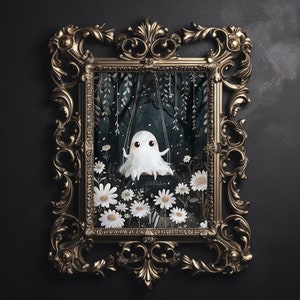 Cute ghost on swing in white flowers woods print, dark academia, victorian gothic spooky decor, horror vintage creepy goth wall art painting
