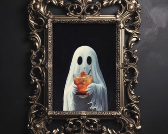 May include: A white ghost figure with large black eyes holding a glass of amber liquid with a red cherry and a black straw, encased in an ornate, antique-style metallic gold frame with intricate scrollwork and floral detailing.
