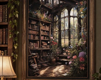 Floral Bookstore Print, Dark Academia Goth Home Decor (Digital Download)