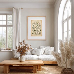 May include: A framed botanical wall art print titled The Secret Life of Herbs, featuring detailed illustrations of various plants with text labels, displayed in a light wood frame with a white mat on a neutral wall above a white sofa.