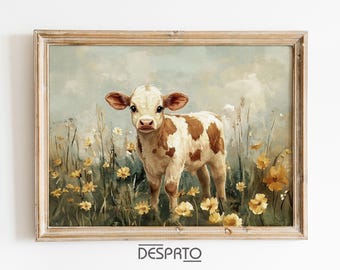 May include: A painting of a brown and white calf standing in a field of yellow flowers. The calf is looking directly at the viewer. The painting is framed in a light wood frame.