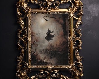 Hexe im Wald – Kunstdruck, Halloween-Deko im Dark-Academia-Stil, Hexen-Bauernhausdeko, Vintage-Poster, rustikale Hexen-Druckvorlage, herbstliches Hexenposter