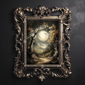 Moon and stars night in the forest, dark academia printable, gothic witchy aesthetic, woods wall decor, moody painting print, сottagecore
