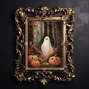 Geist im Herbstwald mit Kürbissen, dunkle Academia, gruseliger Cottage-Kern, Halloween-Vintage-Poster, gotisches Ölgemälde, eindringlicher Geist
