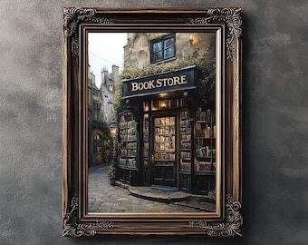 May include: A painting of a bookstore with a sign that reads "BOOKSTORE". The bookstore is located on a cobblestone street and has a dark green door and windows filled with books. The building is lit by a street lamp.
