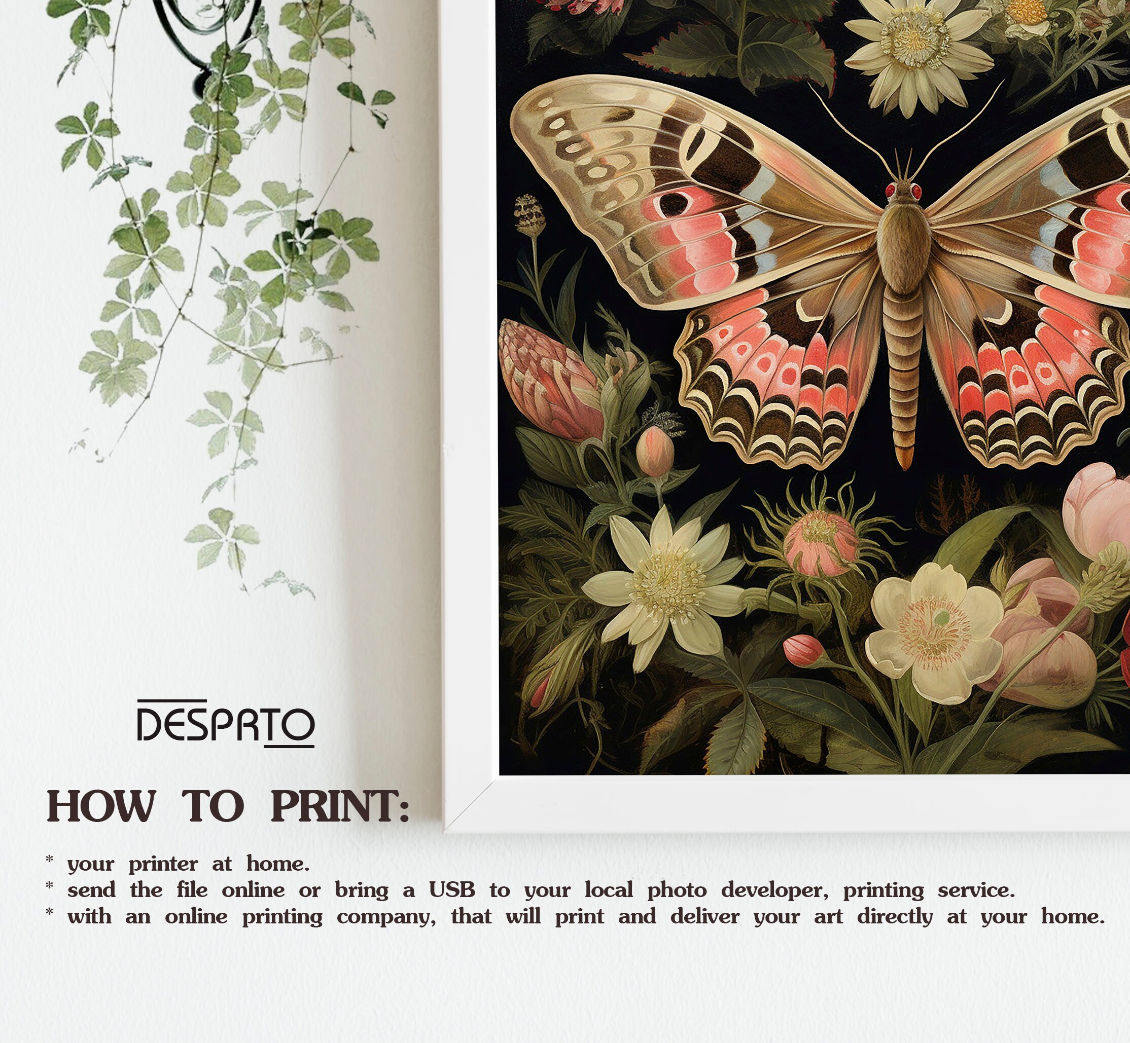 Botanical Butterfly Wall Art Print, Dark Academia Decor (digital ...