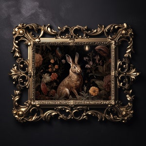 Hase in tieflaunigem magischem Blumenwalddruck, dunkle Academia, botanisches Wanddekor, Kaninchenretromalerei druckbarer digitaler Download