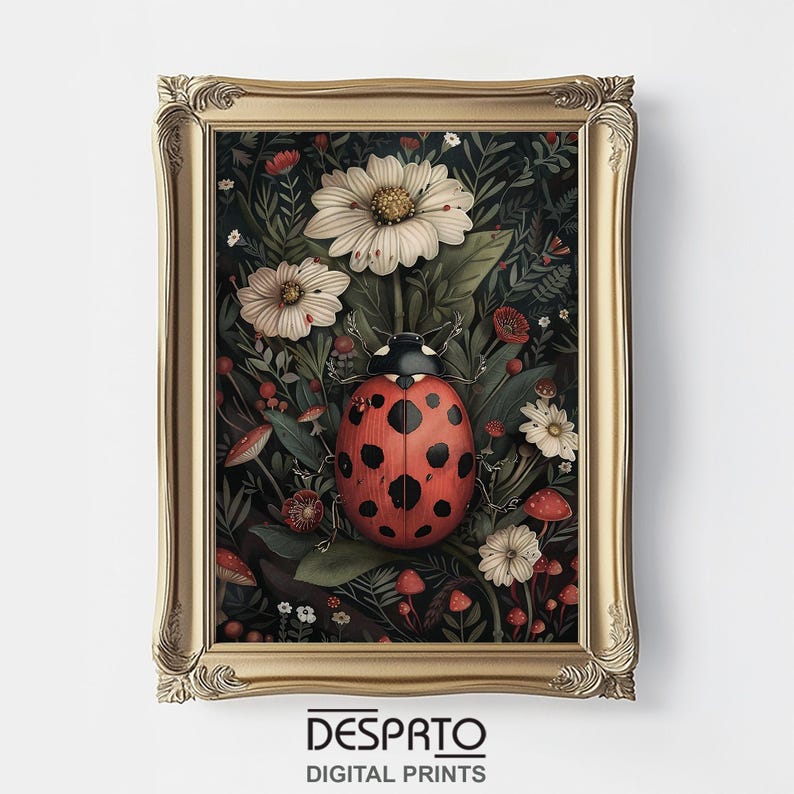 Op de afbeelding: Een ingelijste illustratie van een lieveheersbeestje met zwarte stippen op een rode schil, omringd door witte bloemen en rode paddenstoelen op een donkergroene achtergrond.