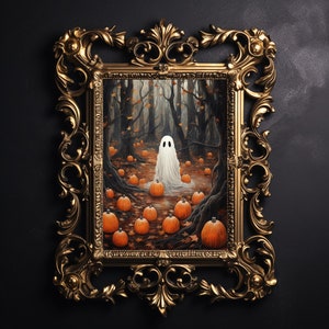 Ghost in the woods with pumpkins, dark academia, cottage core spooky decor, Halloween vintage poster, gothic oil painting, haunting ghost