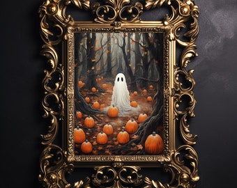 Ghost in the woods with pumpkins, dark academia, cottage core spooky decor, Halloween vintage poster, gothic oil painting, haunting ghost