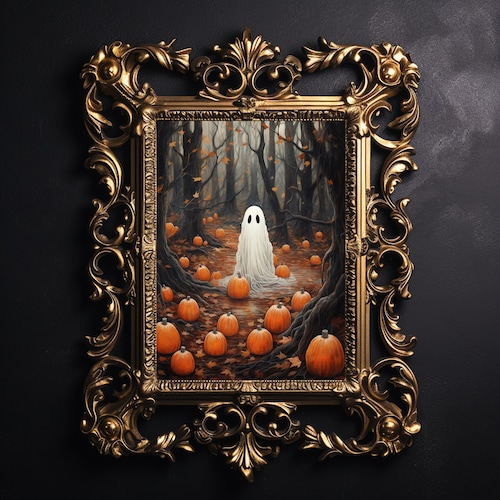 Fantôme dans les bois avec citrouilles, milieu universitaire sombre, décor effrayant de noyau de chalet, affiche vintage d'Halloween, peinture à l'huile gothique, fantôme obsédant