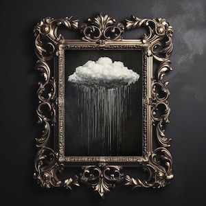 Dark moody rain cloud at night print, dark academia printable, gothic vintage night sky aesthetic decor, moody painting print, сottagecore