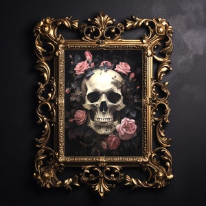 Flower pink dark skull, floral skeleton portrait print, rose woodland dark academia decor, botanical halloween printable, gothic painting