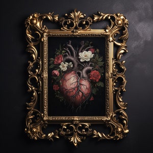 Herz mit Blumen Print, makaberes Valentinstag Poster, dunkle Academia zum Ausdrucken, gruselige Anatomie, Anatomisches Geschenk