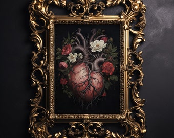 Floral Human Heart Anatomy Print, Dark Macabre Decor (Digital Download)